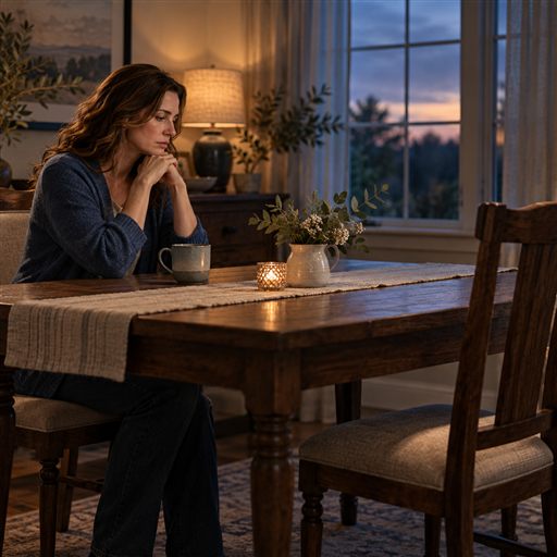 A woman sits at a dining table in the evening, quietly reflecting after a painful conversation.