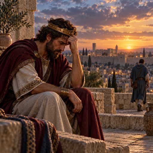 King David sits in grief at dusk while a trusted companion walks away in the distance.