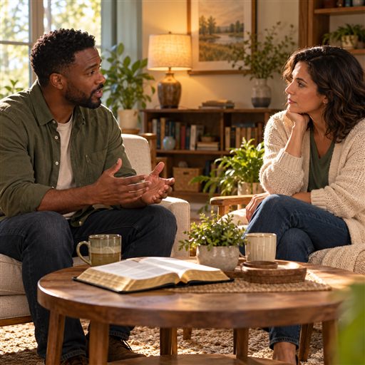 Two people speak carefully at a table with an open Bible between them.