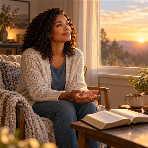 A woman sits in prayer at dawn, choosing a response shaped by faith.