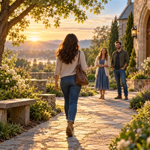 A woman walks toward supportive friends along a church garden path at sunrise.