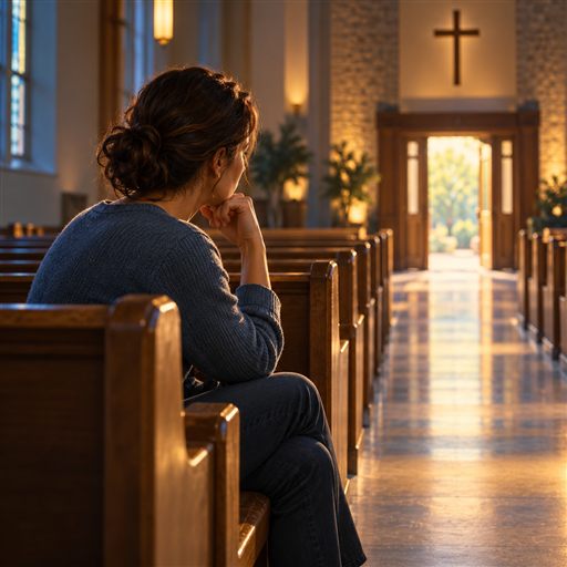 A woman sits quietly in a church pew, reflecting before deciding whether to speak.
