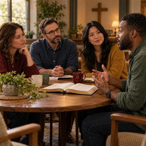 Church members listen to a woman sharing a concern around a table and open Bible.