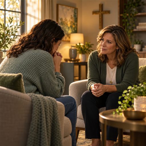 A pastoral counselor listens in a private room to someone seeking help.