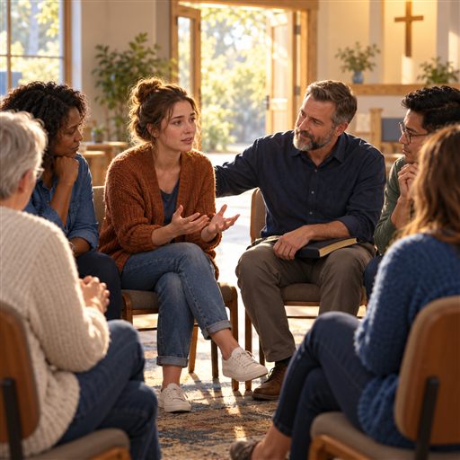 Church members listen supportively as a woman shares a concern.