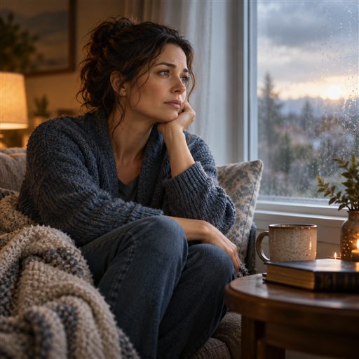 A woman sits quietly by a window, reflecting on a painful experience.
