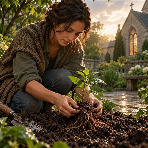 A woman tends a young plant, gently uncovering its roots in a garden.