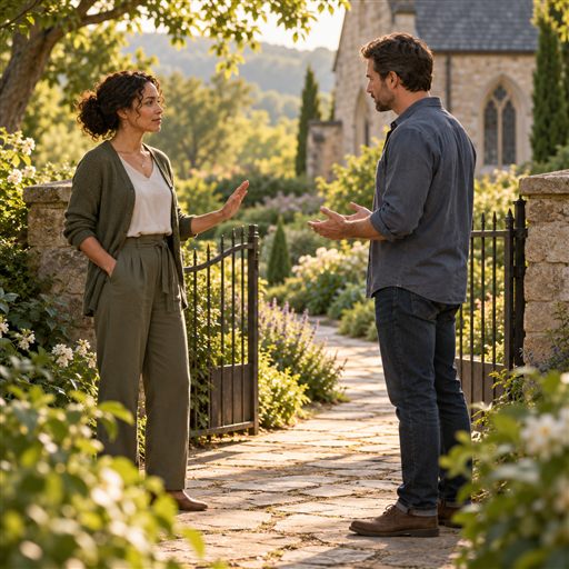 Two adults speak respectfully near an open garden gate, keeping appropriate space.