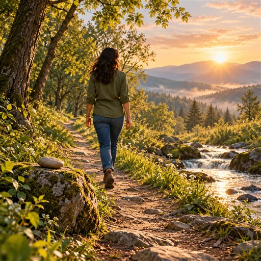 A woman walks along a woodland path at sunrise toward a bright horizon.
