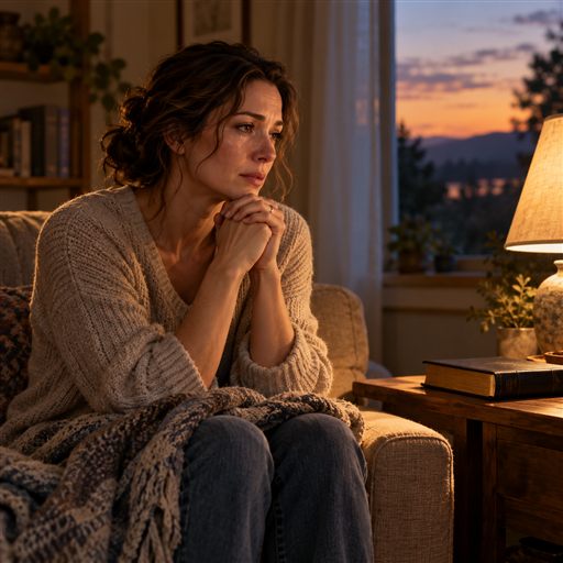 A woman sits quietly by a window, holding her hands together as she works through grief.