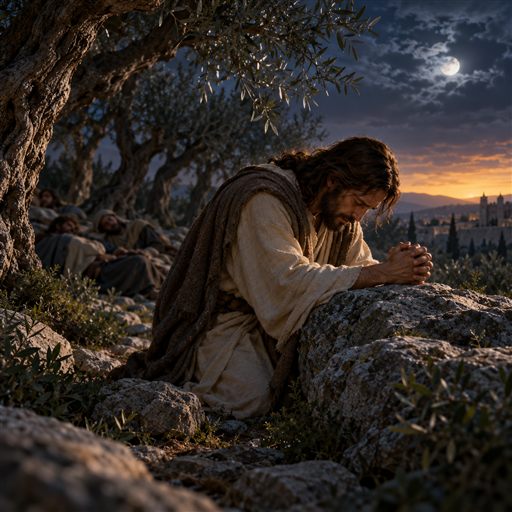 Jesus prays beneath olive trees in Gethsemane as night gives way to dawn.