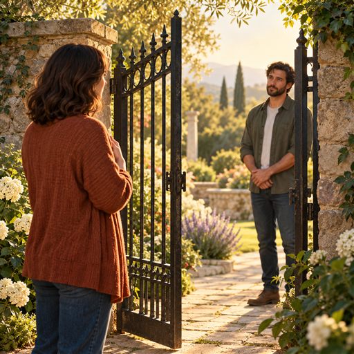 Two people meet at an open garden gate, speaking calmly while keeping respectful space.