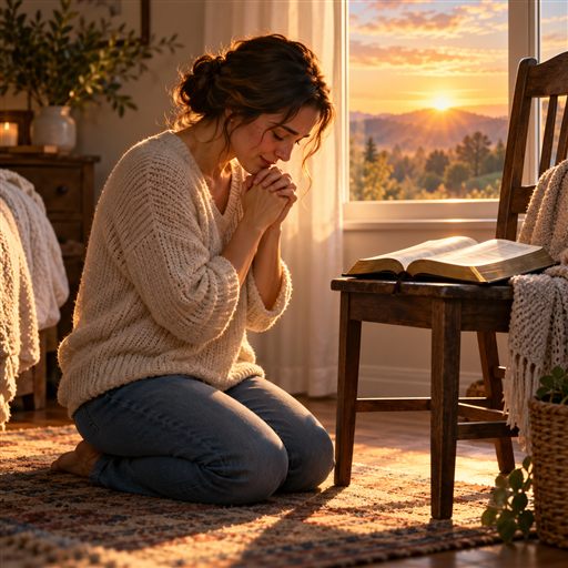 A woman kneels in prayer beside an open Bible as morning light enters the room.