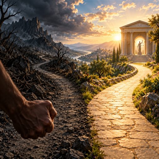 A landscape contrasts a dark, barren path with a sunlit path leading toward a symbol of justice.