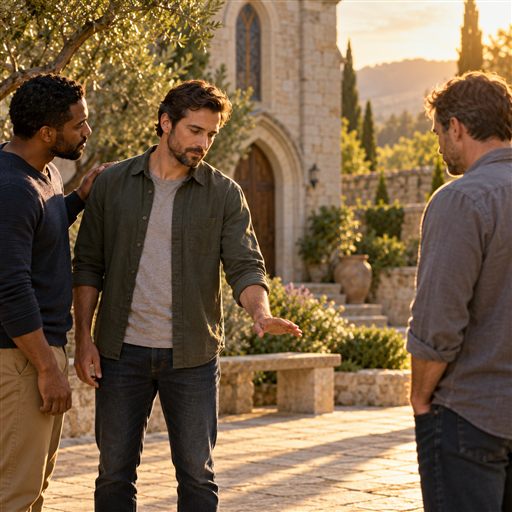 A man pauses and lowers his hand as a trusted friend stands beside him in a church courtyard.