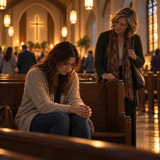 A woman sits quietly in a church pew as a caring member pauses nearby.