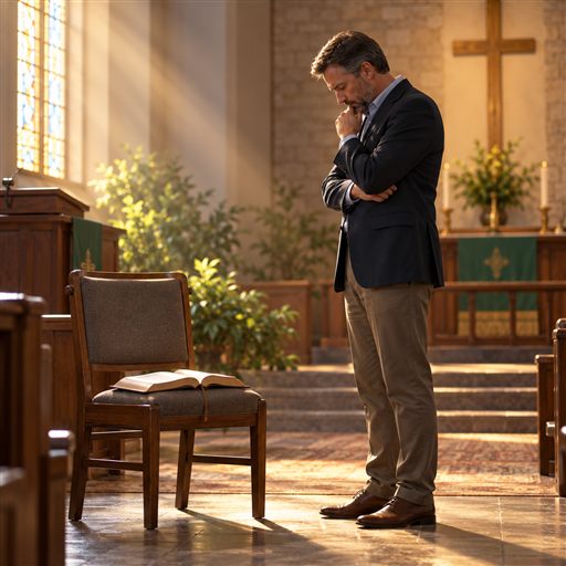 A church leader stands in a sanctuary with head bowed beside an open Bible.