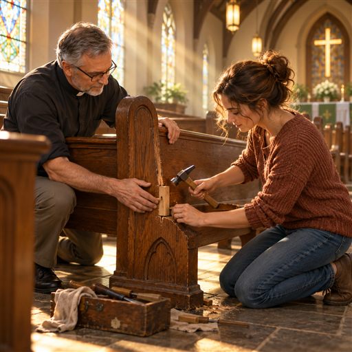 A church leader and congregant work together to repair a damaged wooden pew.