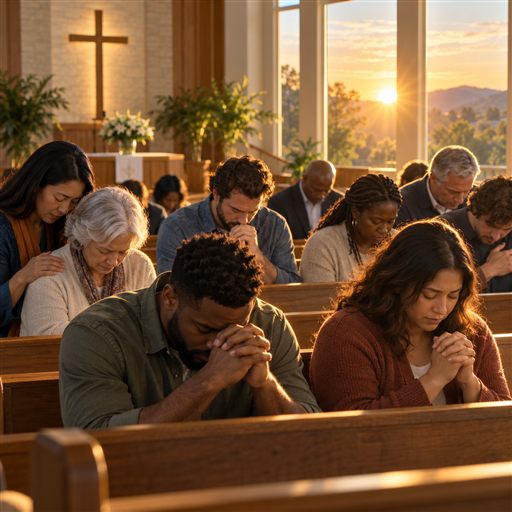 A diverse congregation gathers in humble prayer in a church sanctuary at dawn.