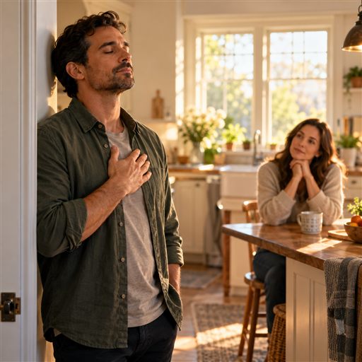 A man pauses for quiet reflection while a loved one listens from across the room.