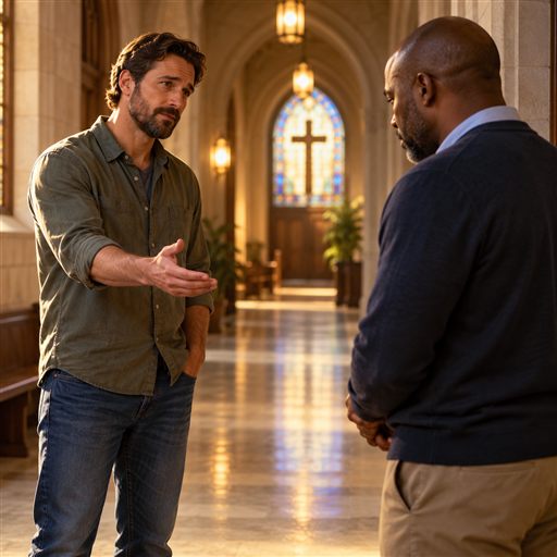 A man offers a calm, open hand to another person in a church hallway.