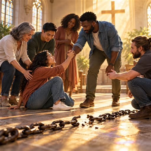 Church members help one another rise beside a broken chain in a sunlit sanctuary.