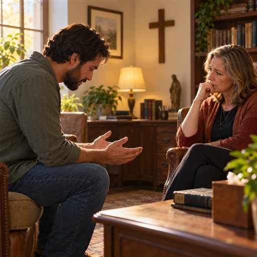 A man offers a sincere apology while a woman listens in a quiet room, with respectful space between them.