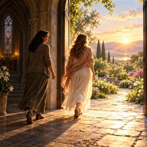 Two women walk from a shadowed church corridor toward a bright garden at sunrise.