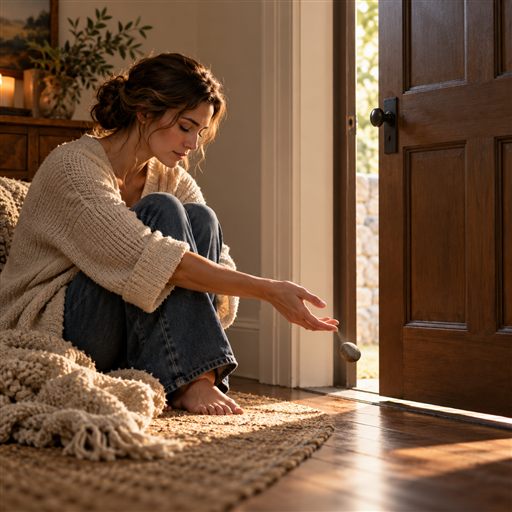 A woman lets a small stone fall from her hand near a partly open doorway.
