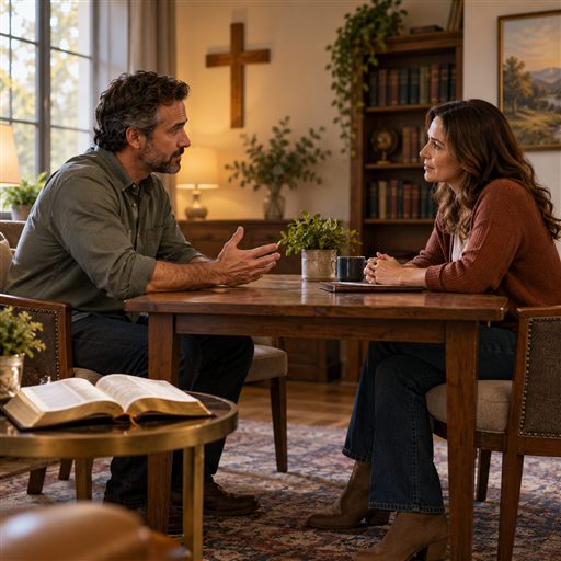 Two adults speak and listen across a table in a calm church counseling room.