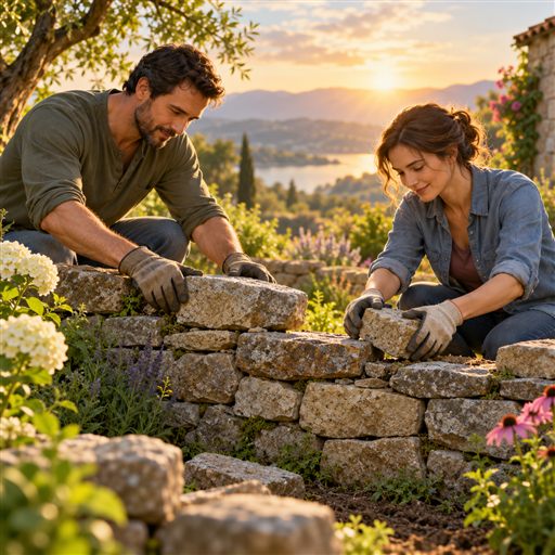 Two adults carefully rebuild a low stone garden wall together in warm morning light.