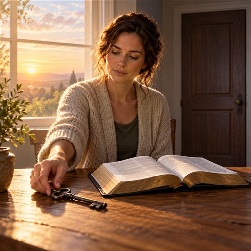 A woman sets an old key beside an open Bible as dawn light enters the room.