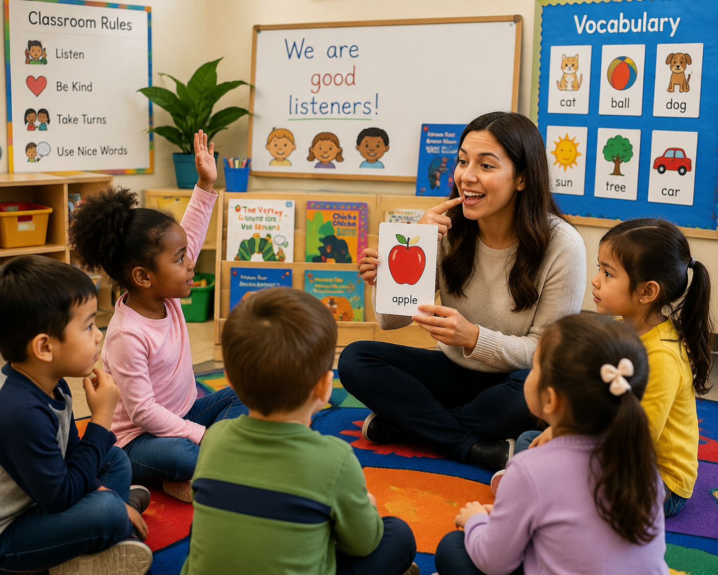 Children learning language skills in a classroom
