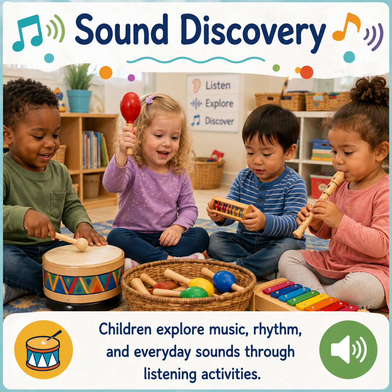 Children exploring sounds and musical instruments