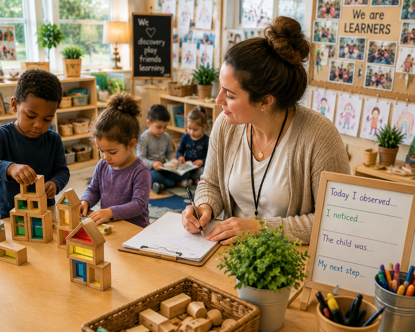 Teacher observing children and documenting classroom learning experiences