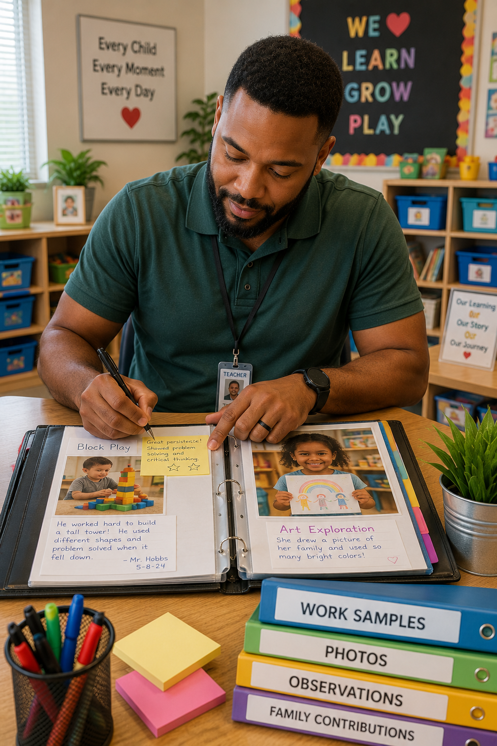 Teacher documenting children's portfolio evidence