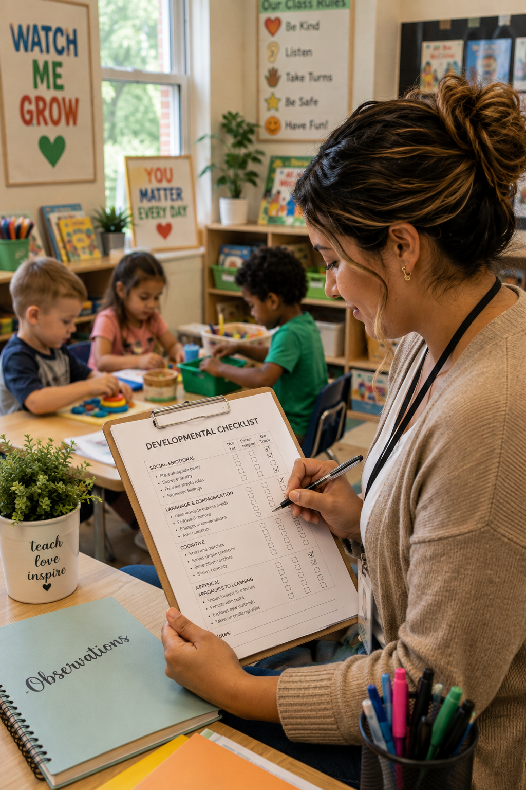 Teacher reviewing developmental checklists while observing children