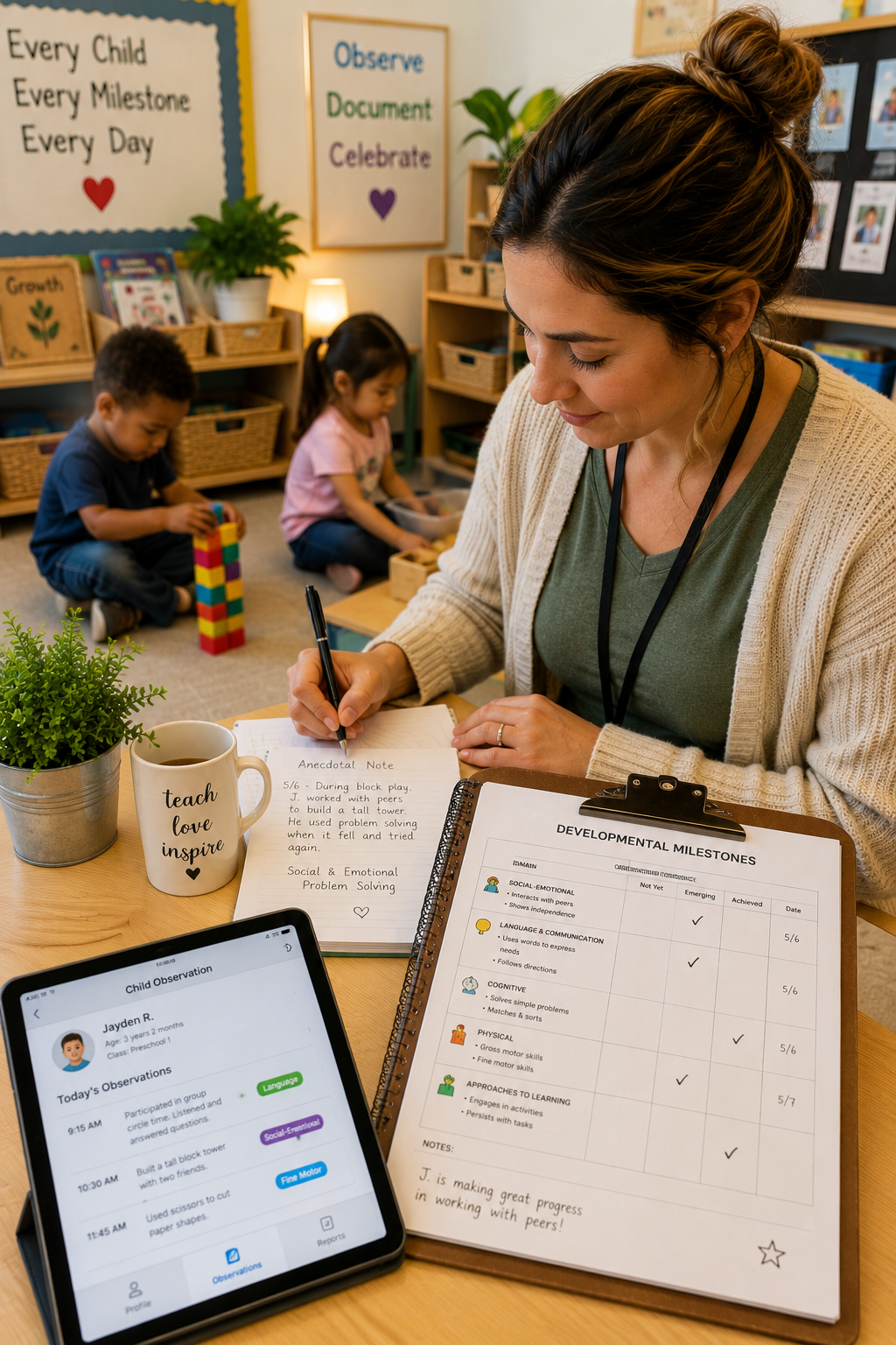 Teacher documenting children's developmental milestones