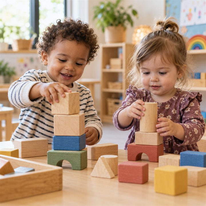 Two toddlers building with wooden blocks in their classroom