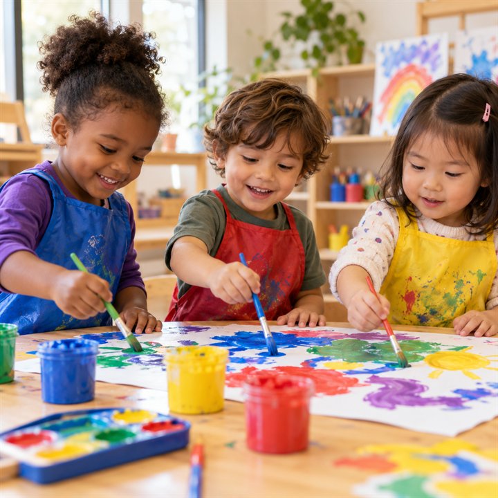 Preschool children creating art together at a table