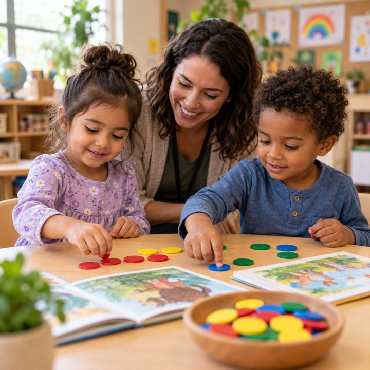 Preschool children counting colorful counters with an educator nearby