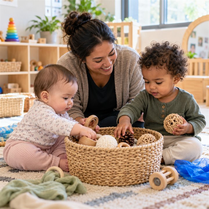 An educator supporting an infant and toddler as they explore sensory materials