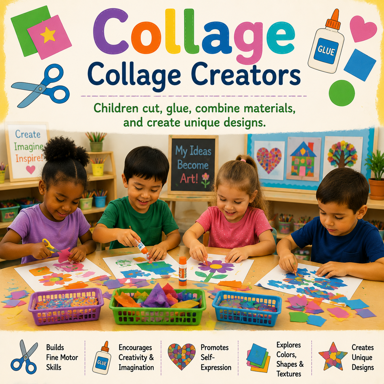 Children creating collage artwork