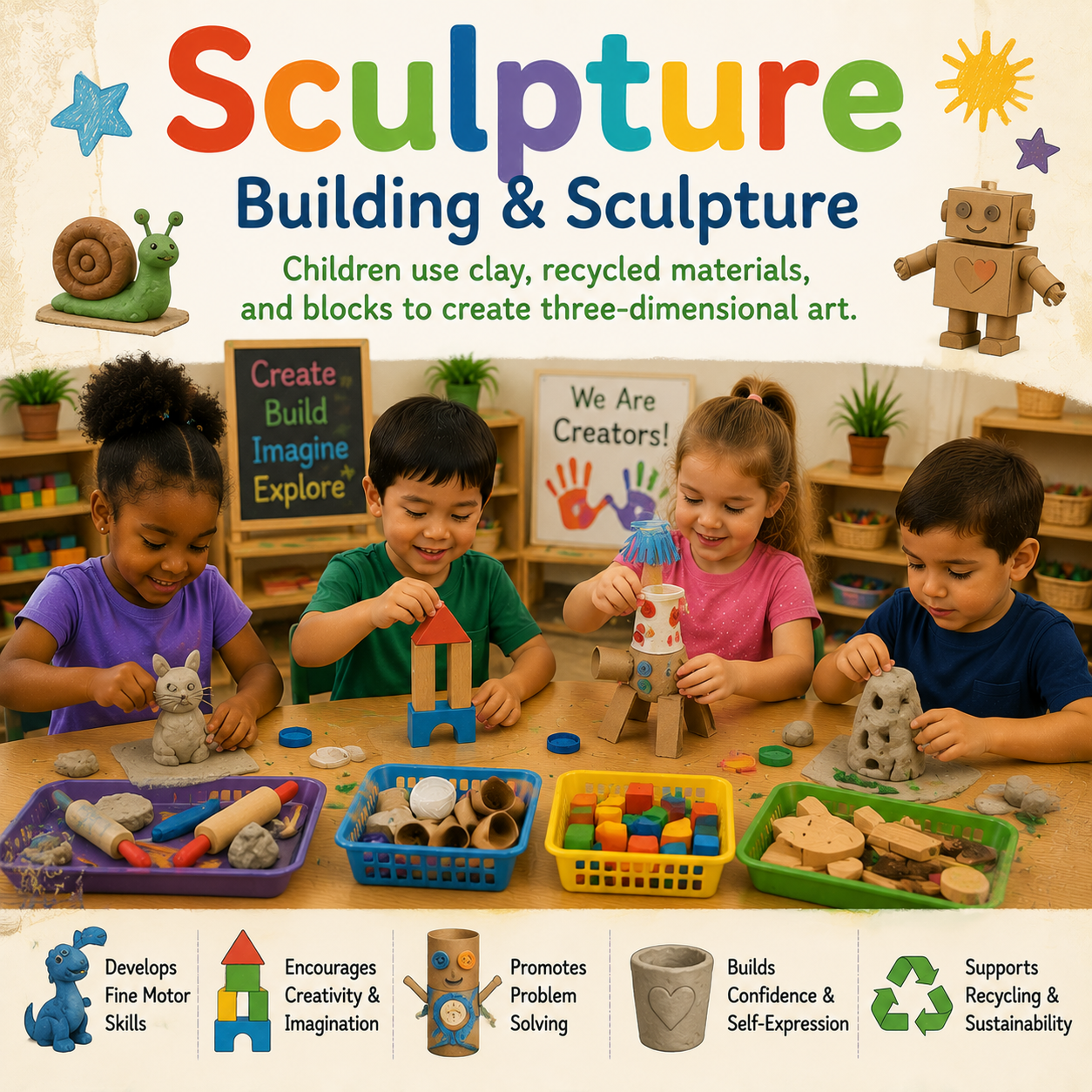 Children creating three dimensional artwork