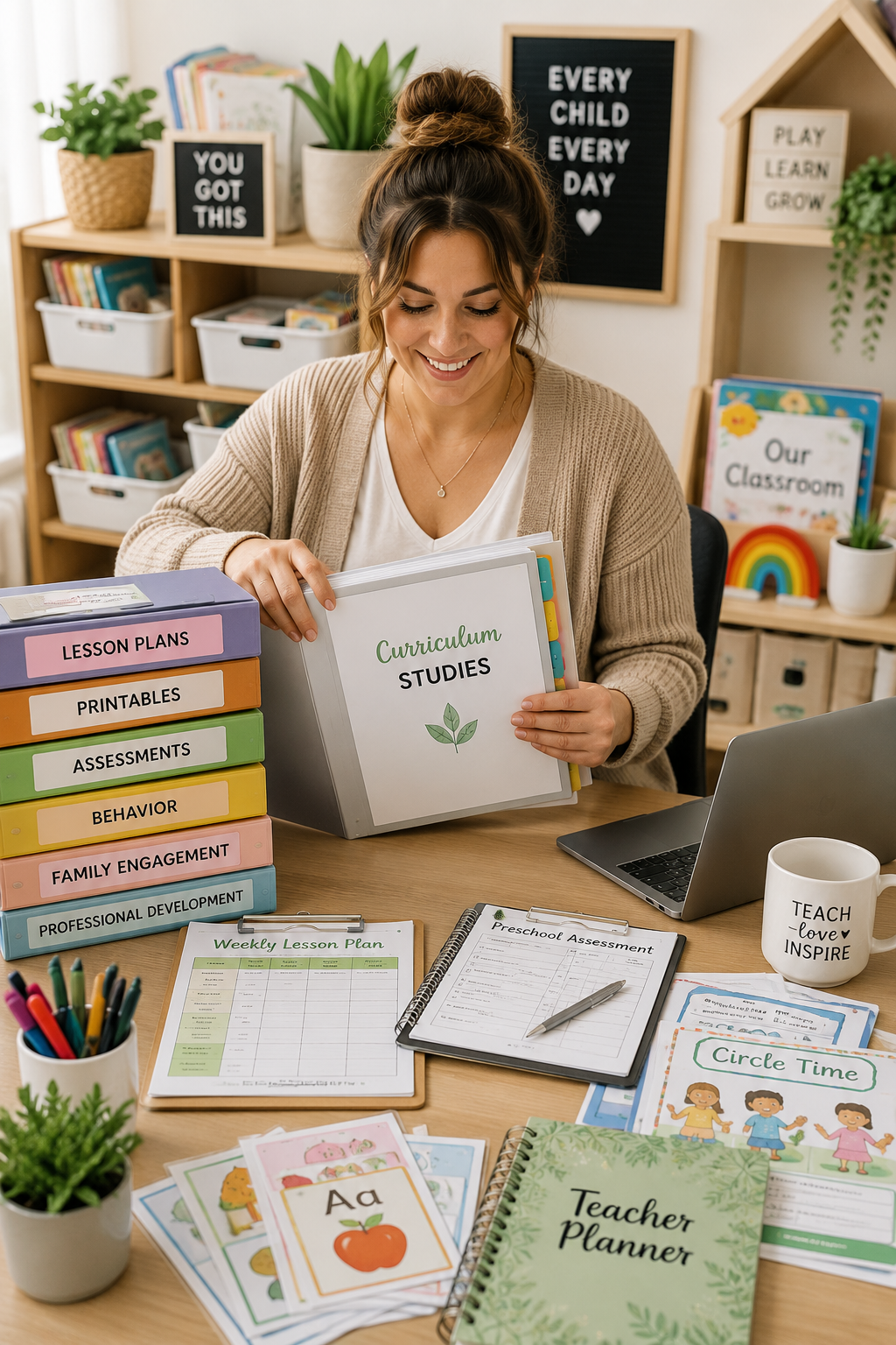 Early childhood teacher organizing curriculum studies, lesson plans, printables, assessments, and classroom resources