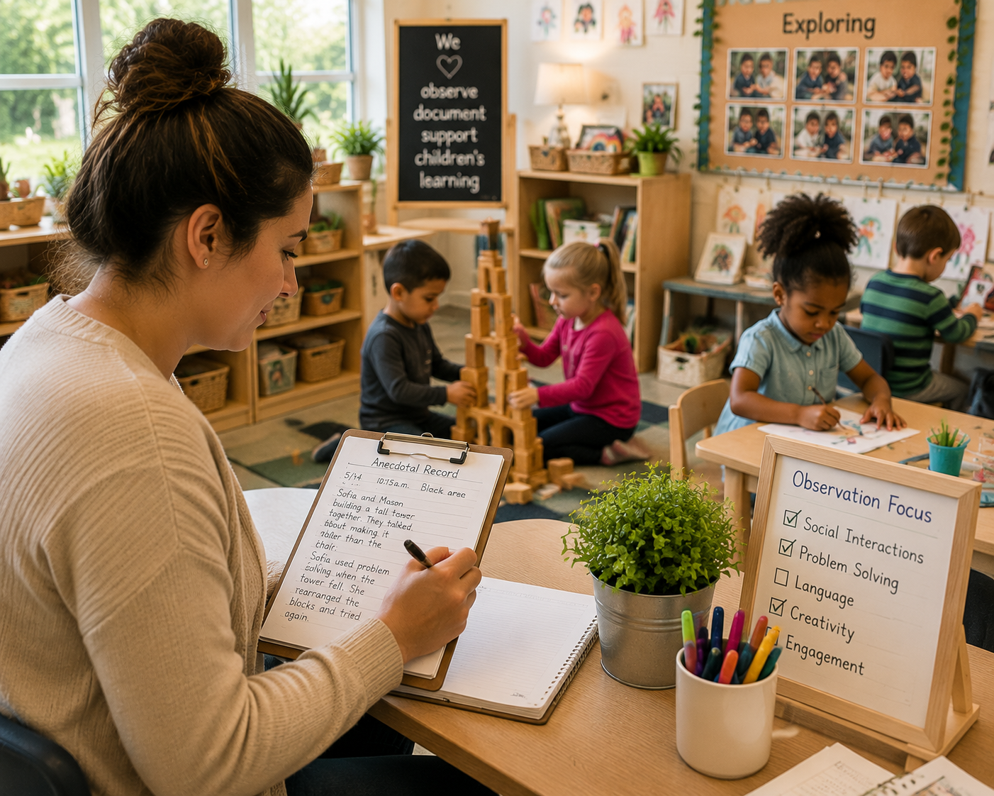 Teacher recording classroom observations