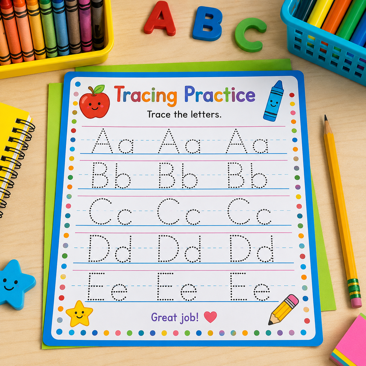 Colorful tracing practice worksheet with dotted letters, pencil, crayons, and classroom materials