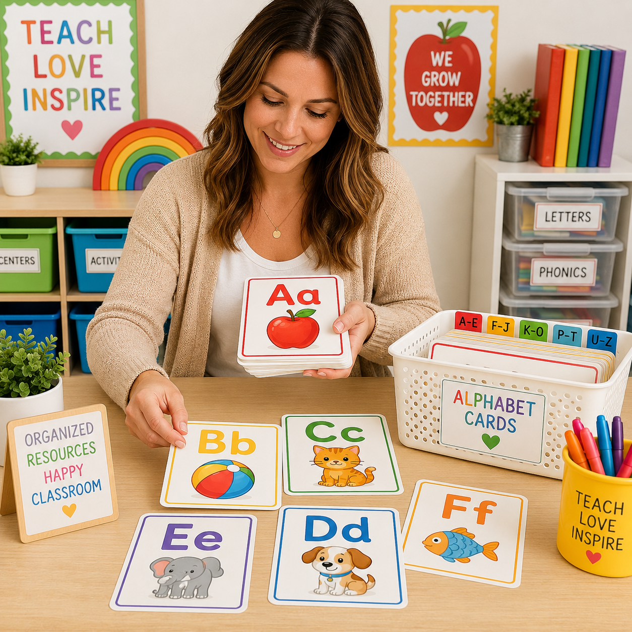 Teacher organizing alphabet cards