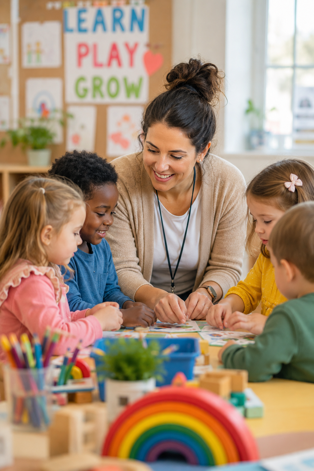 Early childhood teacher supporting children as they learn together