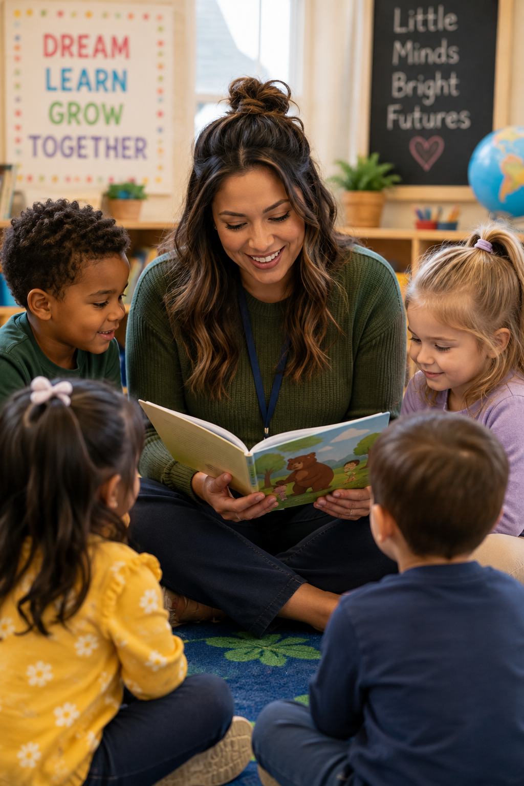 Teacher sharing a book with young children